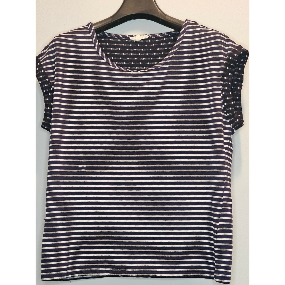 Jane and Delaney Navy White Striped Polka Dot Cap Sleeve Knit Top Medium